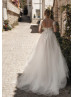 Short Sleeves Beaded Ivory Lace Tulle Slit Floral Wedding Dress